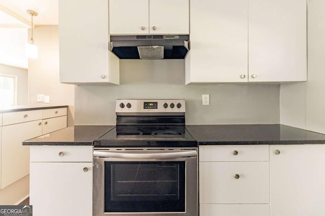 kitchen with white cabinetry, electric stove, and range hood