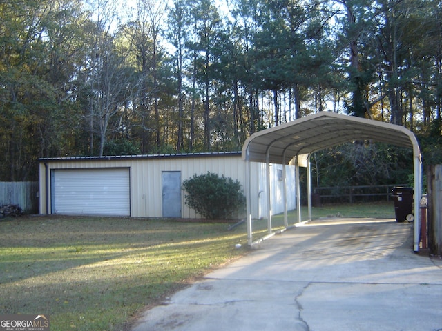 view of parking / parking lot featuring a garage, a carport, and a lawn