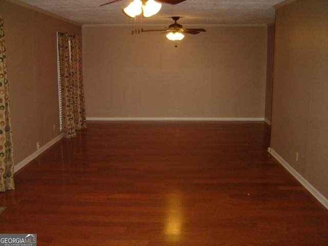 unfurnished room with wood-type flooring, ceiling fan, and crown molding