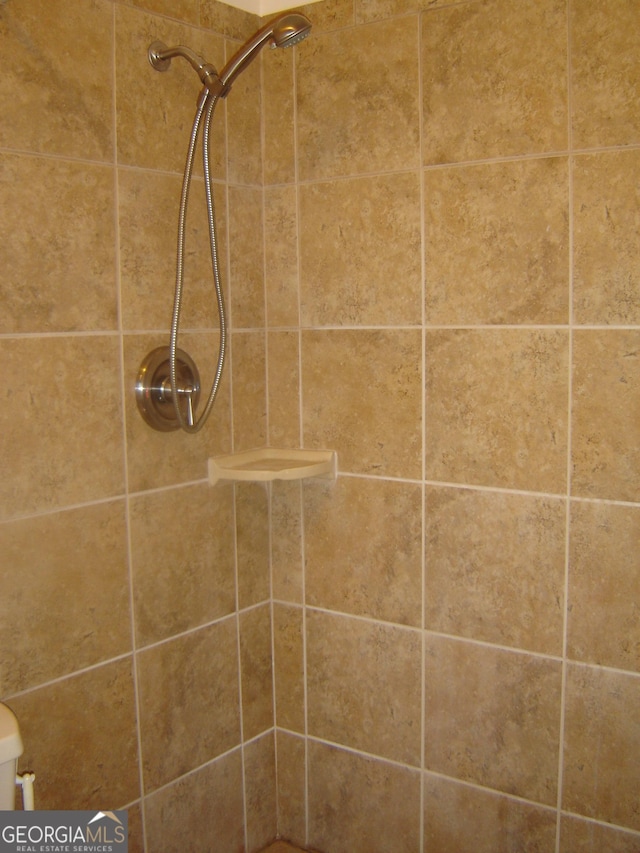 interior details featuring toilet and tiled shower