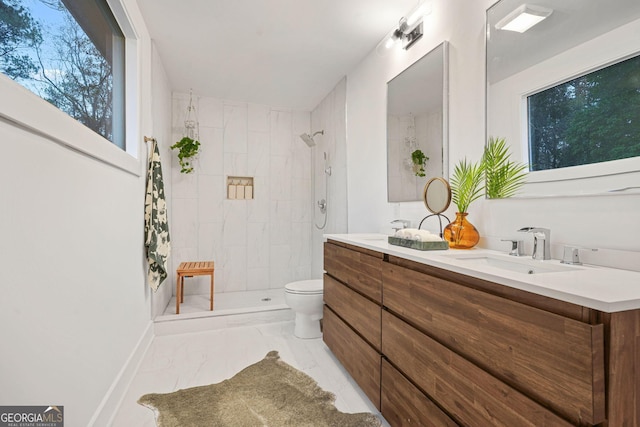 bathroom with vanity, toilet, and tiled shower