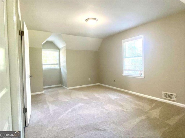 additional living space featuring light carpet, plenty of natural light, and vaulted ceiling