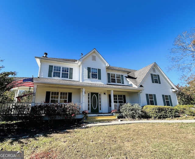 view of front of house featuring a porch and a front lawn