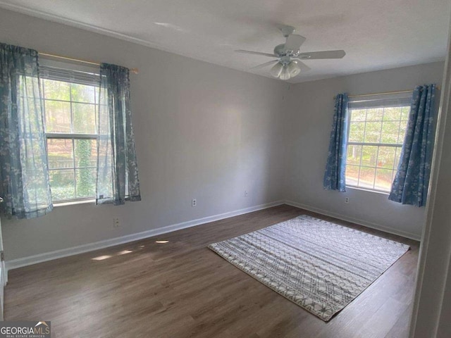 spare room featuring ceiling fan and dark wood-type flooring