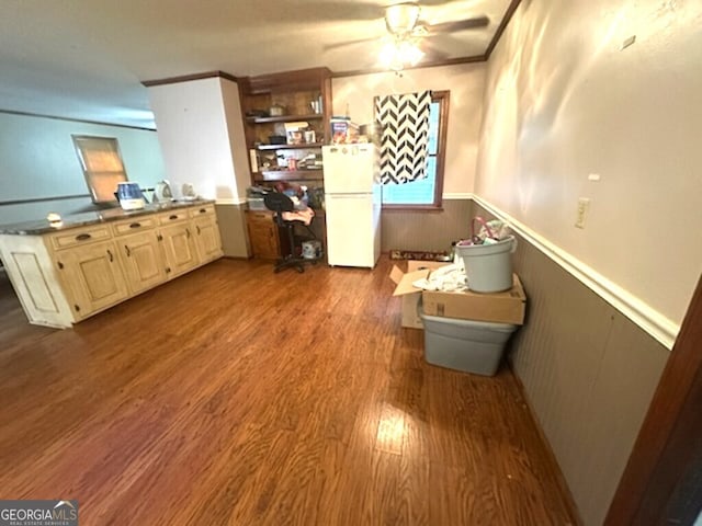 kitchen with ceiling fan, ornamental molding, light hardwood / wood-style floors, and white refrigerator