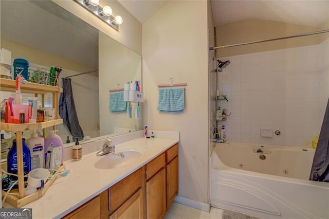 bathroom with vanity, shower / tub combo, and lofted ceiling