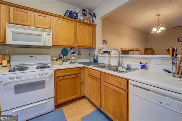 kitchen featuring light wood-type flooring, white appliances, sink, decorative light fixtures, and an inviting chandelier