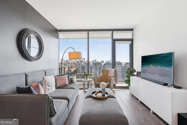 living room with expansive windows and wood-type flooring