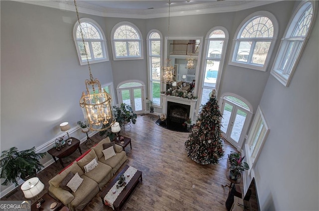 living room featuring hardwood / wood-style floors, an inviting chandelier, french doors, and a healthy amount of sunlight