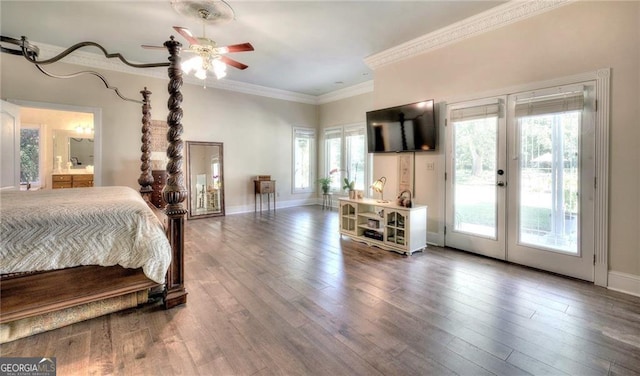 bedroom featuring french doors, crown molding, hardwood / wood-style flooring, ceiling fan, and access to exterior