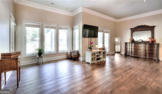 living area with dark hardwood / wood-style floors and crown molding