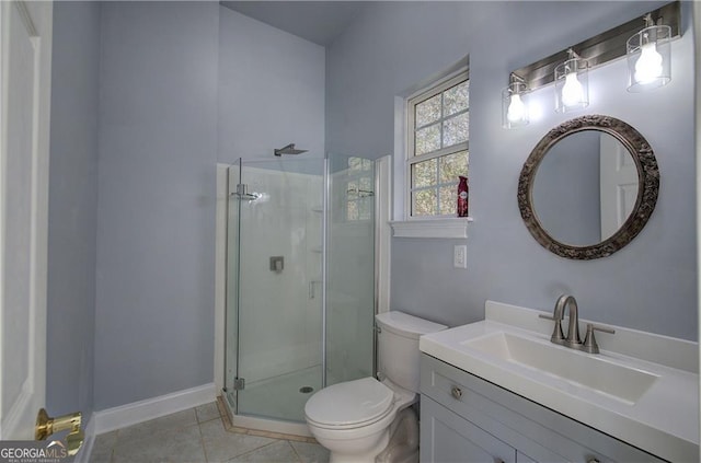 bathroom featuring tile patterned flooring, vanity, toilet, and an enclosed shower