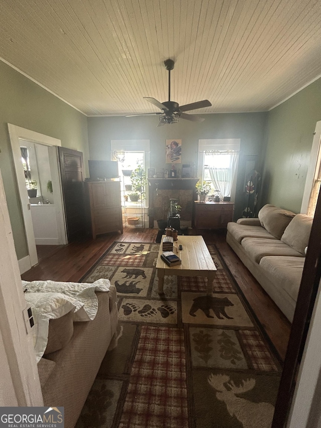 living room with ceiling fan, dark wood-type flooring, and wood ceiling