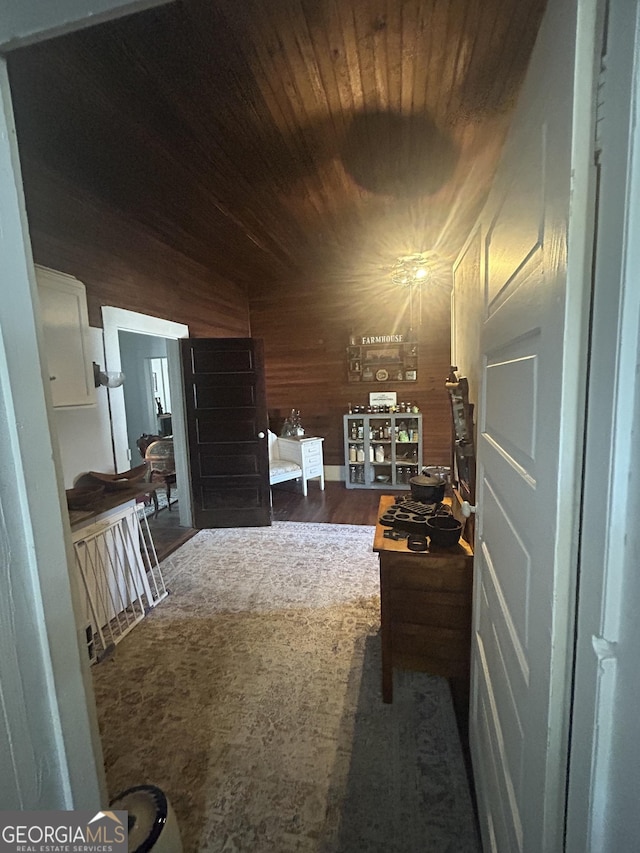 additional living space featuring dark hardwood / wood-style flooring and wooden walls