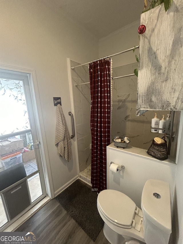 bathroom with a shower with curtain, toilet, and hardwood / wood-style floors