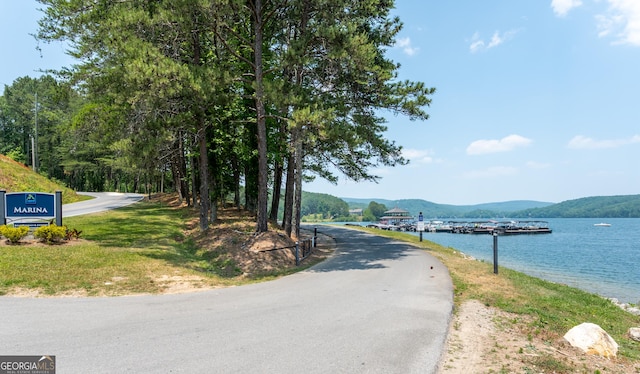 view of road with a water and mountain view