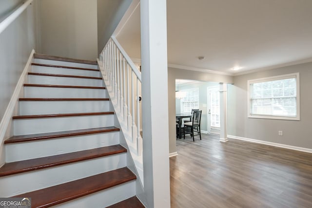 staircase featuring ornamental molding and wood-type flooring