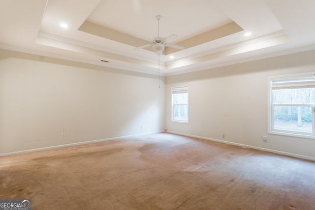 empty room featuring light carpet, a tray ceiling, ceiling fan, and ornamental molding