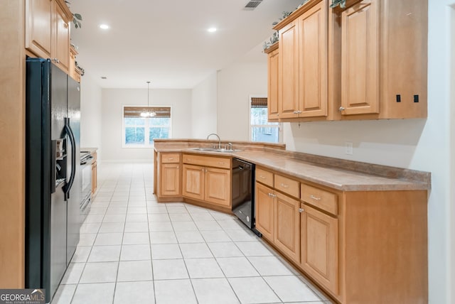 kitchen with fridge with ice dispenser, sink, black dishwasher, kitchen peninsula, and decorative light fixtures