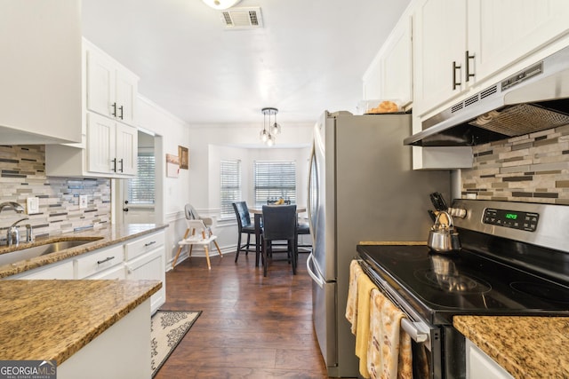 kitchen featuring white cabinetry, sink, light stone countertops, dark hardwood / wood-style flooring, and electric stove