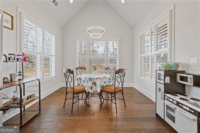 dining area featuring plenty of natural light and dark wood-type flooring