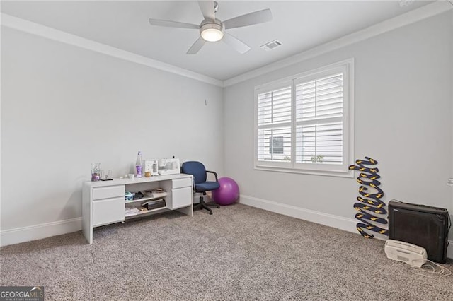 game room with carpet floors, ceiling fan, and crown molding