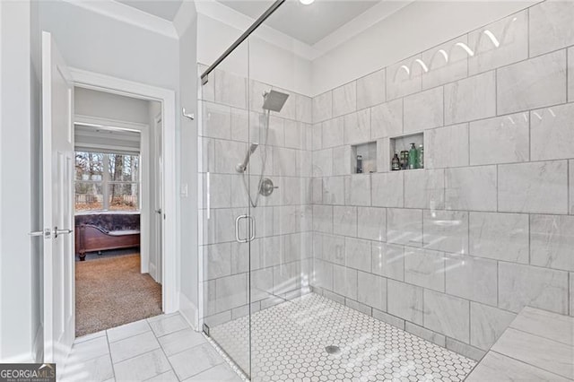 bathroom with tile patterned floors and walk in shower