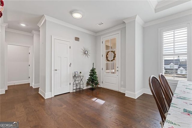 entrance foyer featuring a wealth of natural light, dark hardwood / wood-style flooring, and ornamental molding