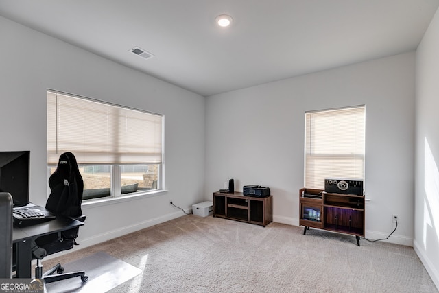 home office with light carpet