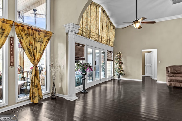 interior space with dark hardwood / wood-style floors, plenty of natural light, and ornamental molding