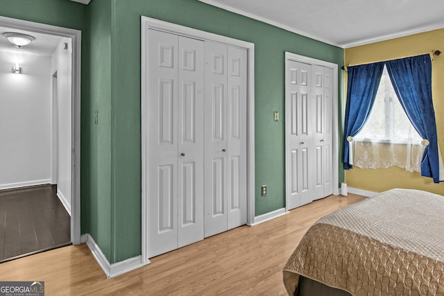 bedroom with wood-type flooring and two closets