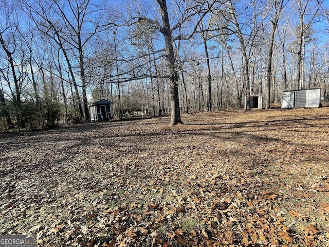 view of yard with a storage shed