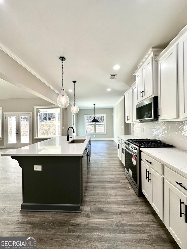 kitchen featuring stainless steel appliances, tasteful backsplash, a sink, and dark wood finished floors