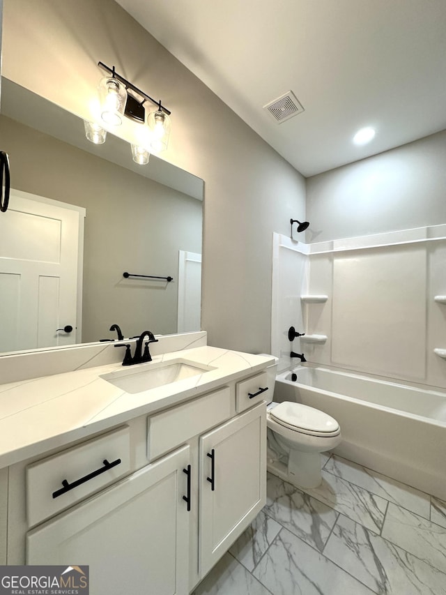 bathroom with marble finish floor, visible vents, toilet, vanity, and  shower combination