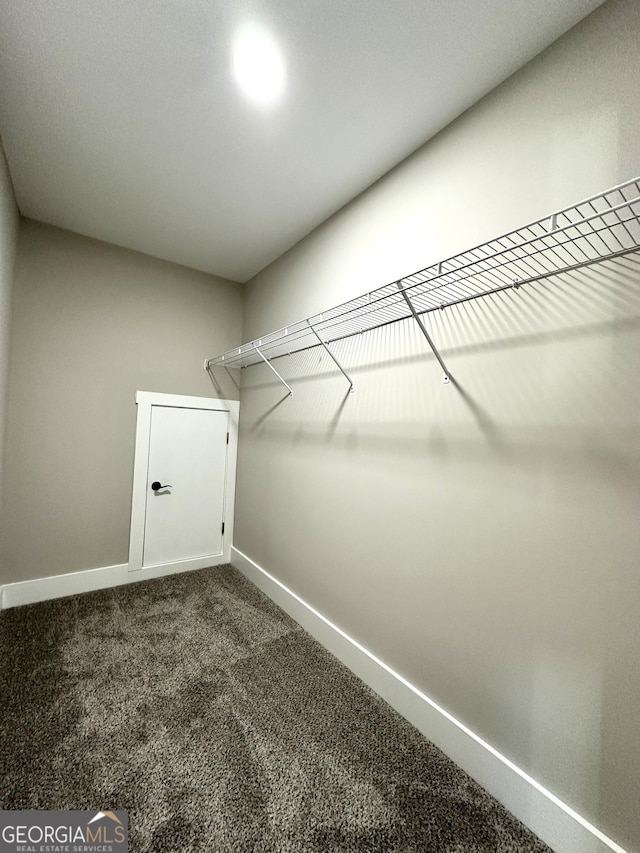 walk in closet with dark carpet