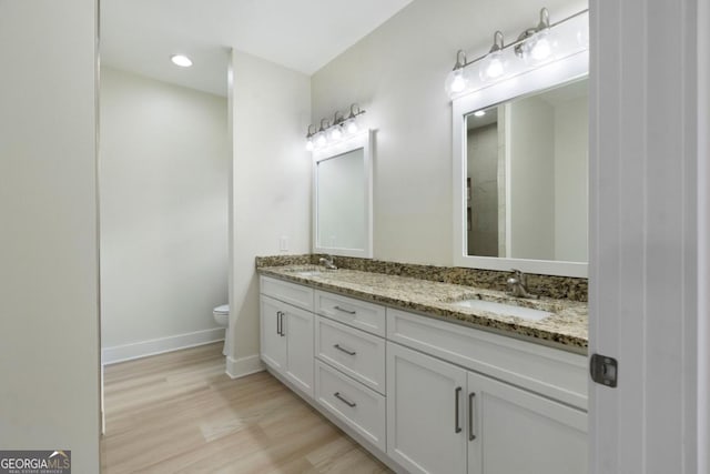 bathroom featuring hardwood / wood-style flooring, vanity, and toilet