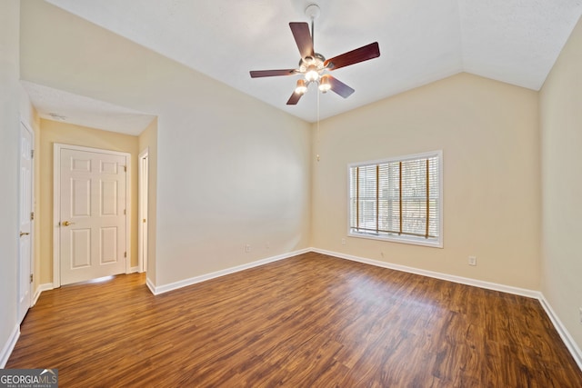 unfurnished room featuring ceiling fan, lofted ceiling, and hardwood / wood-style flooring