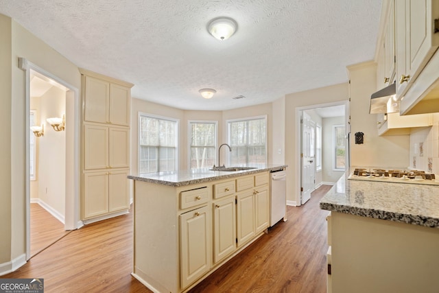 kitchen with light stone counters, plenty of natural light, an island with sink, and cream cabinetry