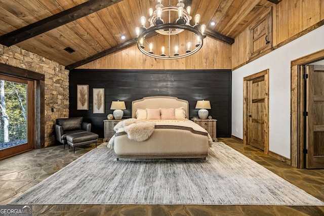 bedroom featuring a notable chandelier, wood walls, wooden ceiling, and high vaulted ceiling