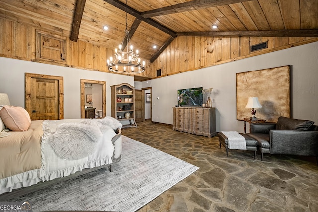 bedroom featuring dark carpet, wood ceiling, beam ceiling, an inviting chandelier, and high vaulted ceiling