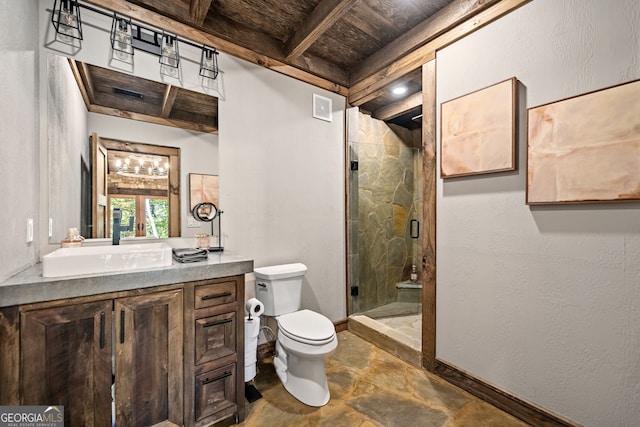 bathroom with wood ceiling, vanity, a shower with door, beam ceiling, and toilet