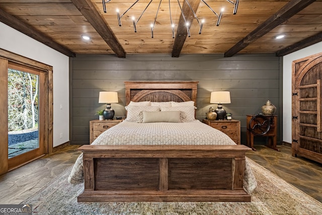 bedroom with beam ceiling, access to outside, wooden ceiling, and wood walls