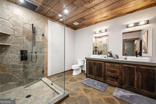 bathroom with vanity, wood ceiling, an enclosed shower, and toilet