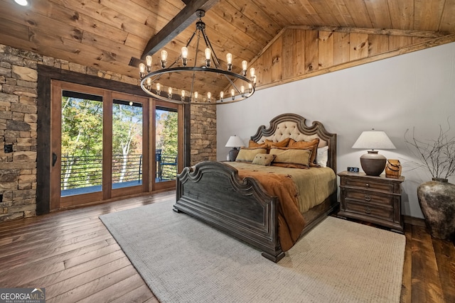 bedroom featuring hardwood / wood-style floors, wooden ceiling, high vaulted ceiling, access to exterior, and beamed ceiling