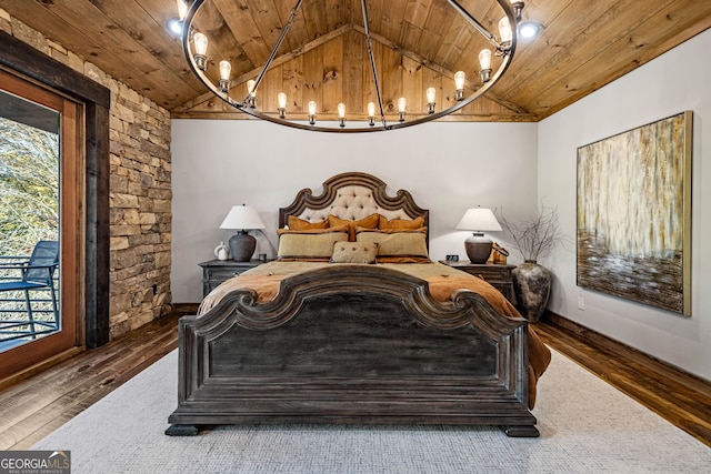 bedroom featuring dark hardwood / wood-style floors, vaulted ceiling, wooden ceiling, and multiple windows