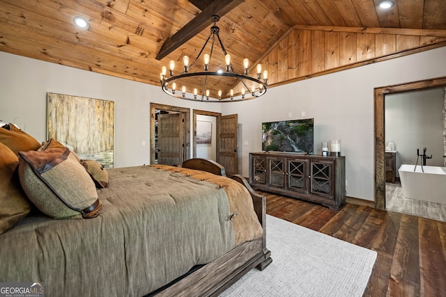 bedroom featuring a chandelier, beamed ceiling, wooden ceiling, and dark hardwood / wood-style floors