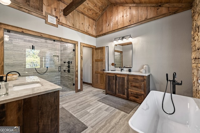 bathroom featuring separate shower and tub, vaulted ceiling with beams, vanity, and wooden ceiling