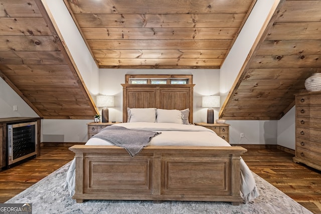 unfurnished bedroom with lofted ceiling, dark wood-type flooring, wine cooler, and wooden ceiling