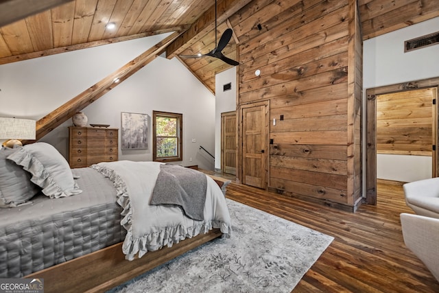 bedroom featuring dark hardwood / wood-style floors, beam ceiling, wood ceiling, and high vaulted ceiling