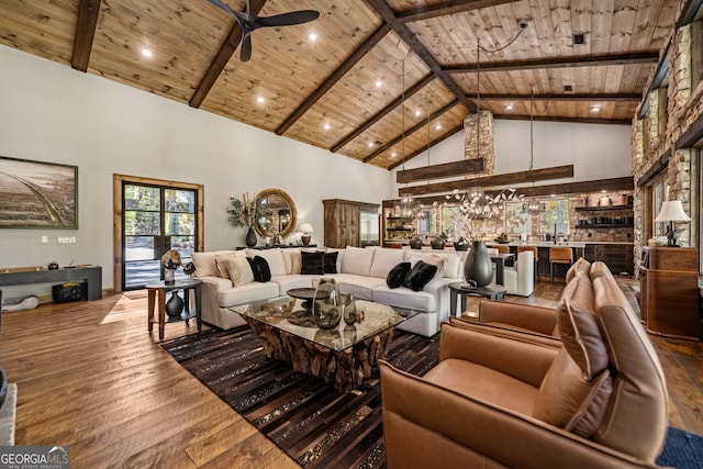 living room with beam ceiling, ceiling fan, high vaulted ceiling, hardwood / wood-style floors, and wood ceiling